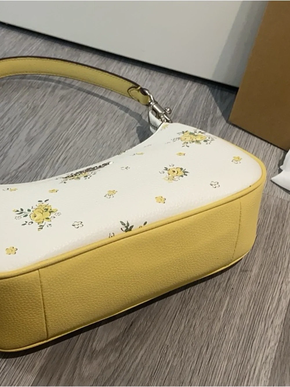 Coach White Leather Shoulder Bag with Yellow Floral Print